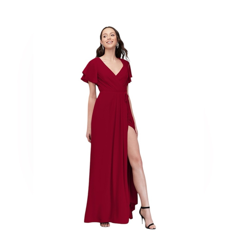 Davids bridal red wrapp pleated maxi dress 6 bridesmaid formal flutter sleeve